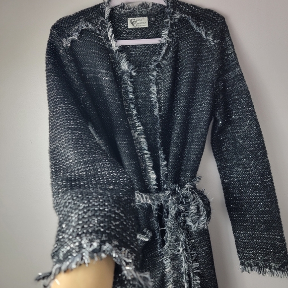 Carol Christian Women S Silver Knit Shiny Open Front Belted Sweater Coat Jacket - Picture 4 of 12